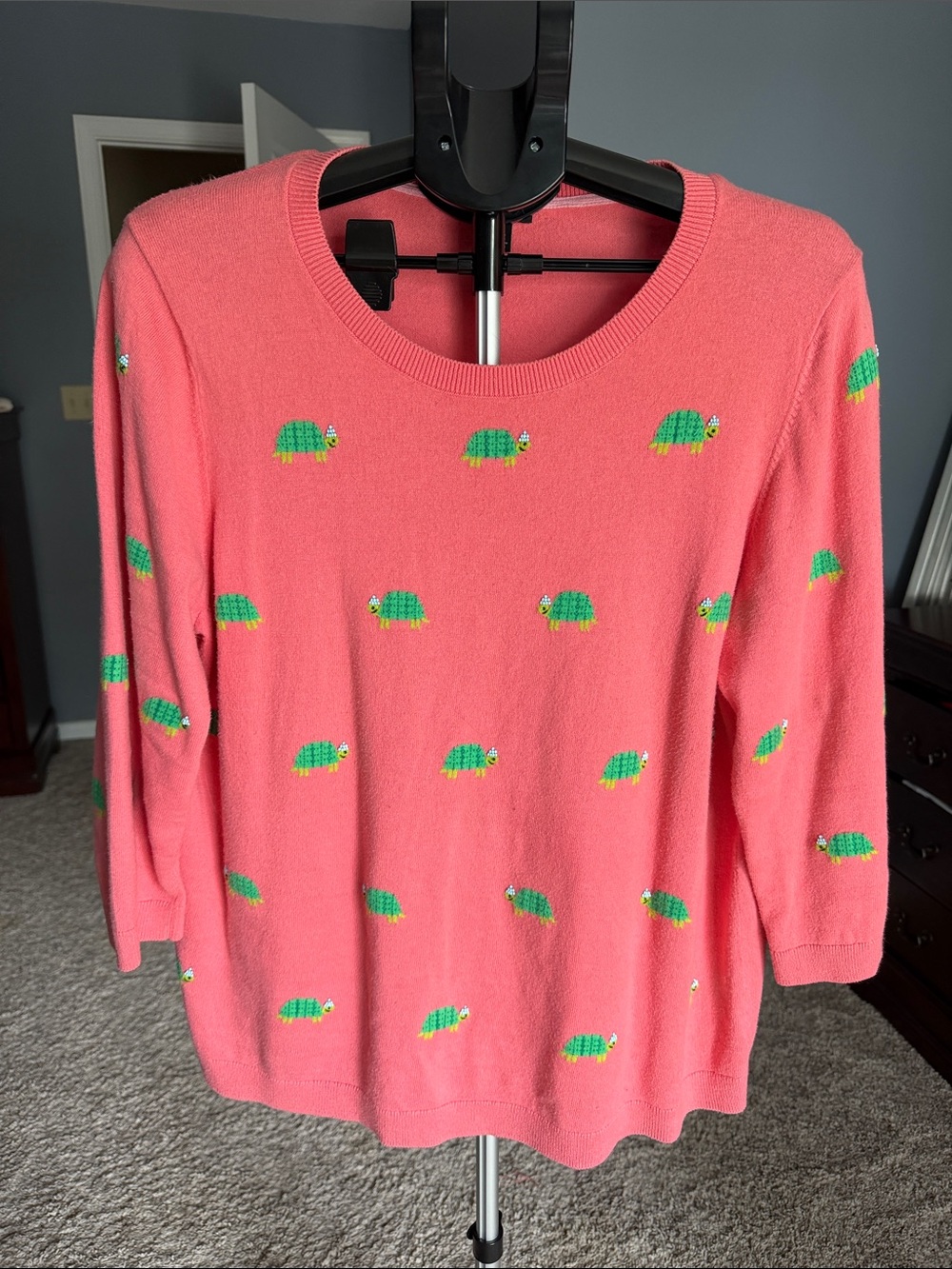 Talbots Coral Knit Top with Green Turtle Detail